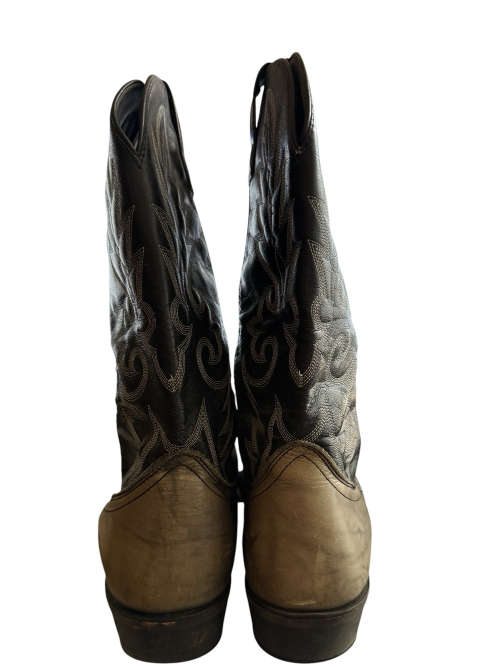 Vintage Laredo Men’s 12D Two Tone Leather Cowboy Western Boots Black Tan Cap Toe - Picture 7 of 9